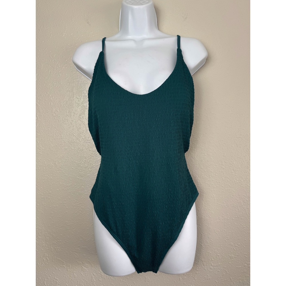Aerie Smocked One Piece Swimsuit Forest Green Deep Scoop Back cheeky L